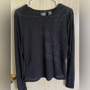 Harley Davidson Sheer Black Long Sleeve Eagle Rose embellished Shirt Sz Large